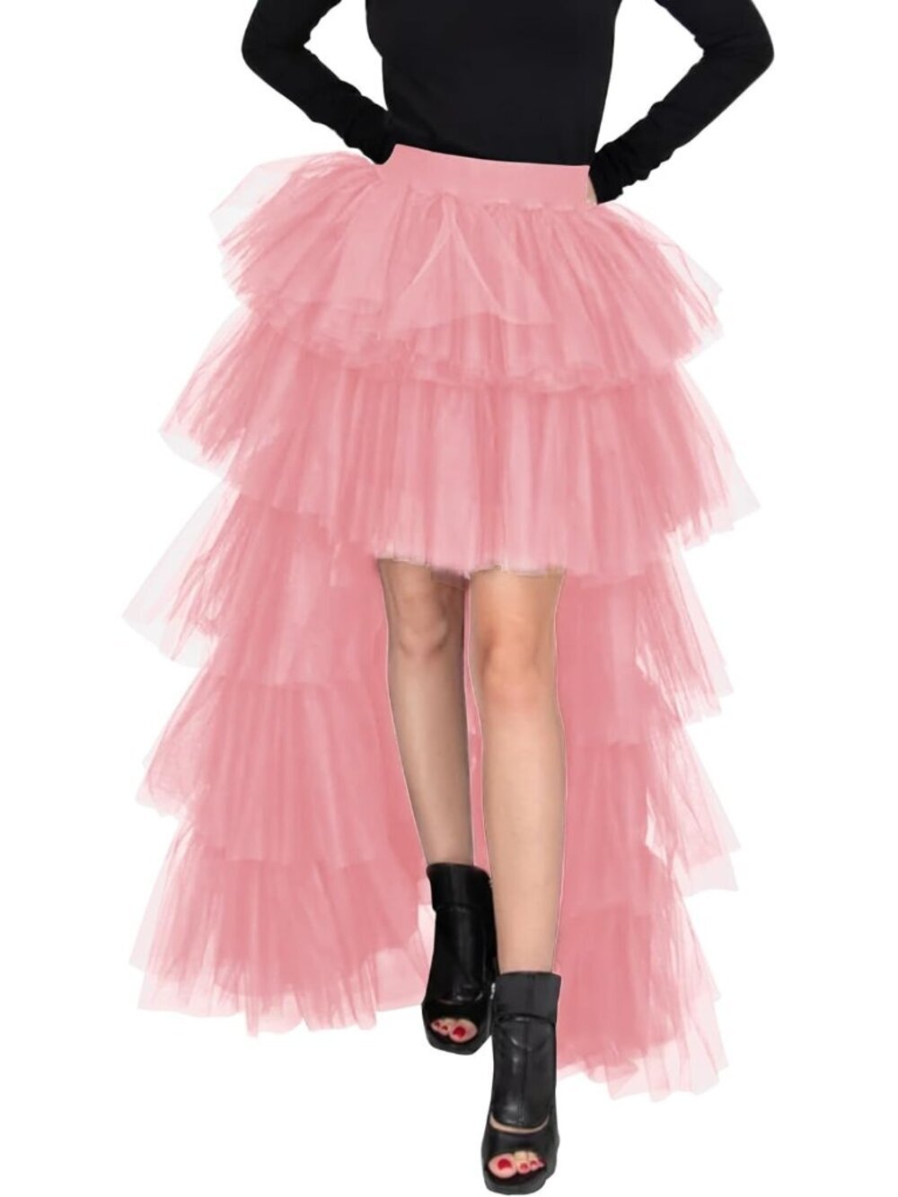 Women's Pink High Low Tutu Tulle Sweet Elastic Waist Mesh Long Skirt